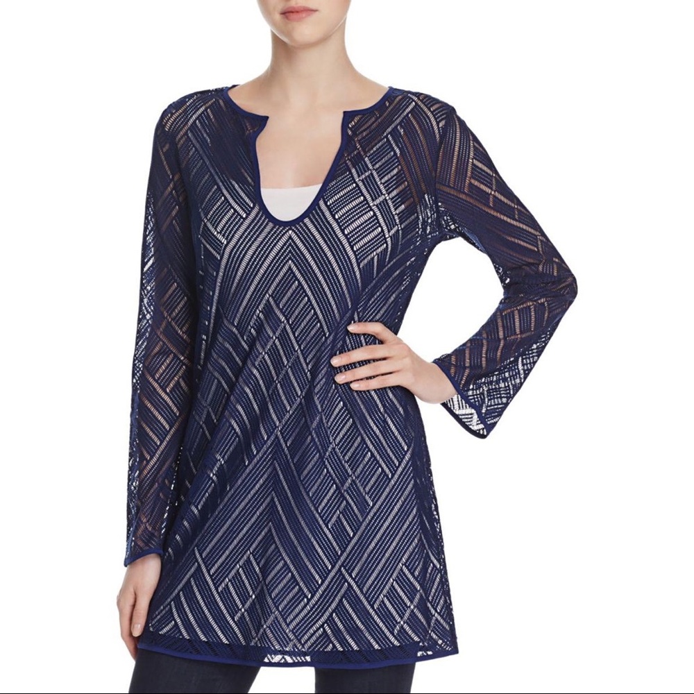Nic and Zoe Womens Blue Lace Tunic Top Lined Long Flare Sleeves size Small